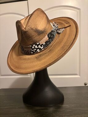Brown Wide-Brim Fedora with Patterned Band